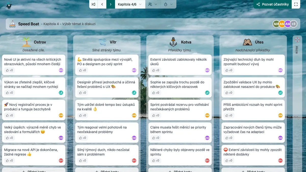 Rozhraní aplikace Umbreon zobrazující probíhající agilní retrospektivu