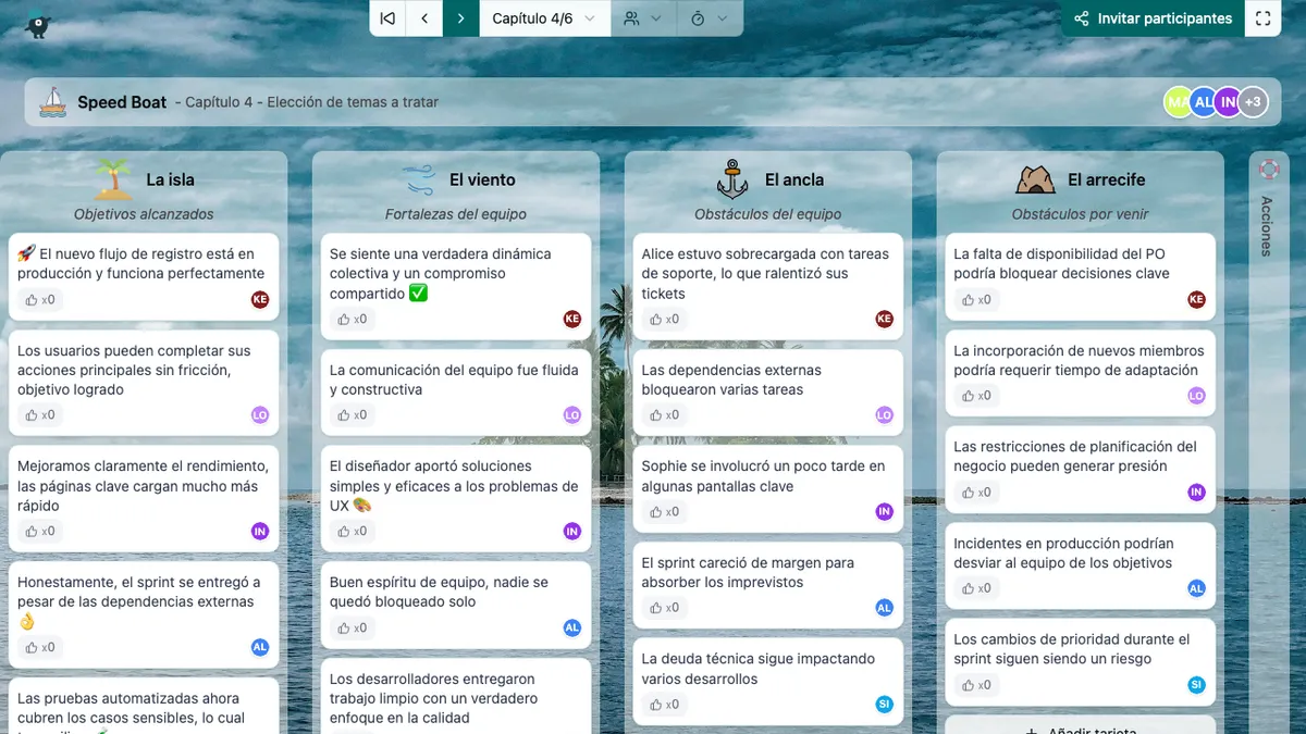 Interfaz de la aplicación Umbreon mostrando una retrospectiva ágil en curso