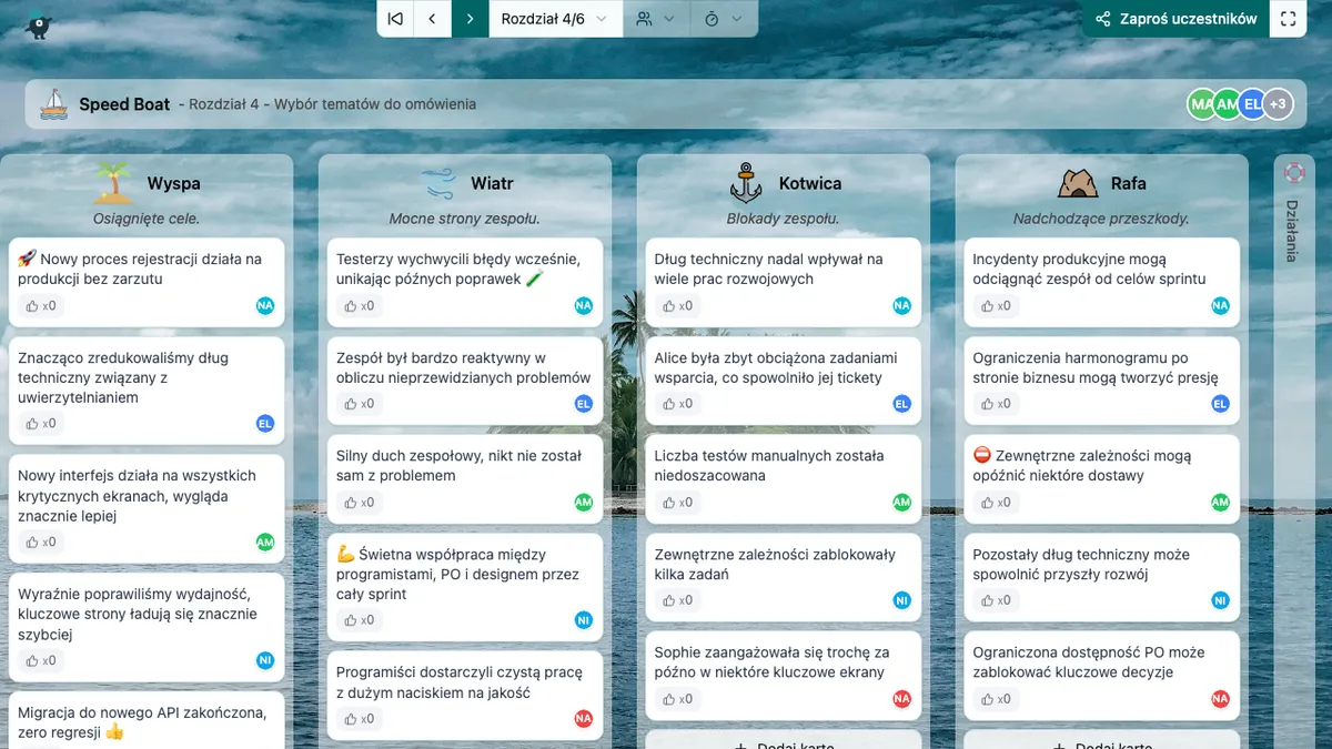 Interfejs aplikacji Umbreon pokazujący trwającą retrospektywę agile